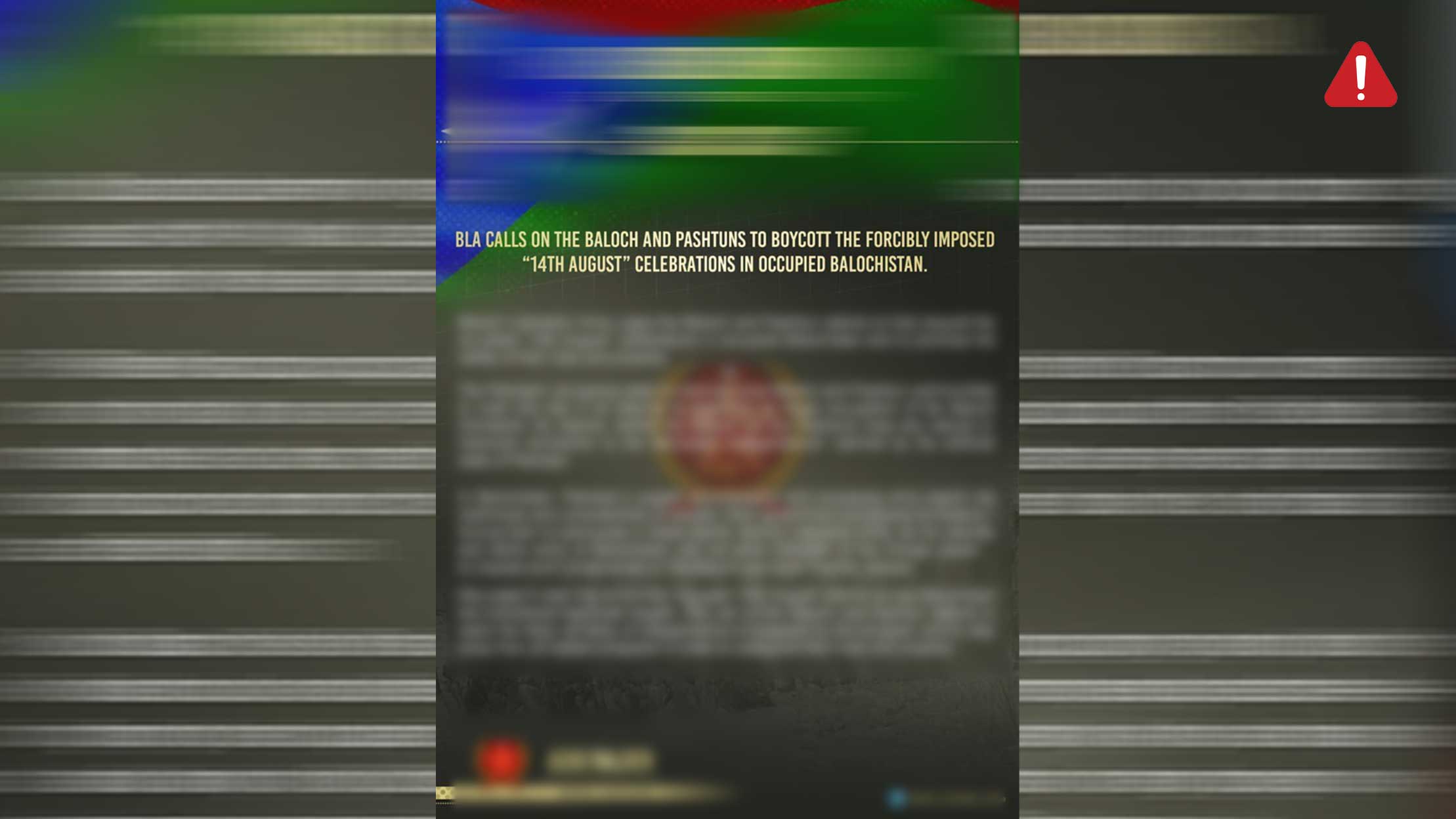 TKD MONITORING: BLA Warns Baloch, Pashtuns to Avoid Independence Day Events image